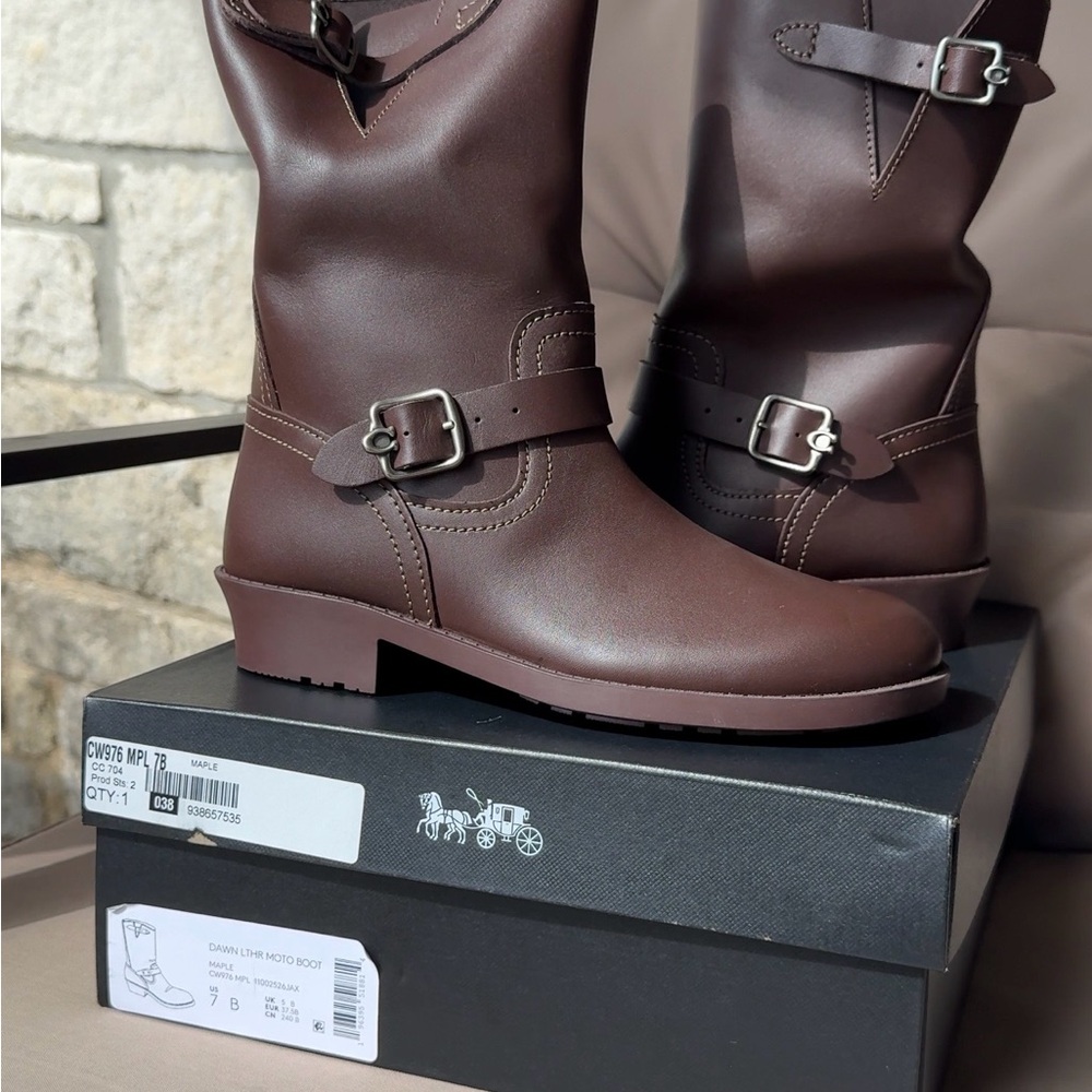 Coach Dawn Leather Moto Boots Maple Brown Size 7B | Buckle Riding Boot | New - Picture 1 of 2